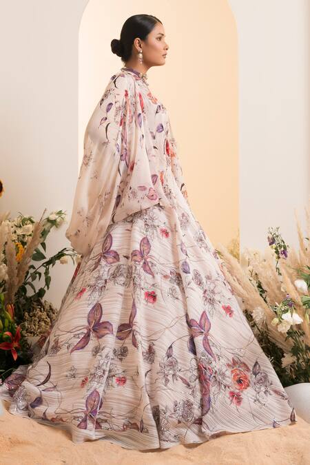 Shop_Presto Couture_White Organza, Satin Sequins, Floral Print Lehenga With Attached Drape Blouse _Online_at_Aza_Fashions