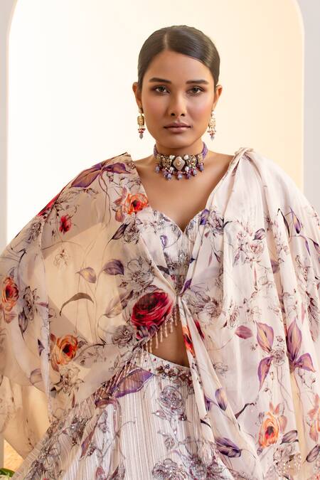 Presto Couture_White Organza, Satin Sequins, Floral Print Lehenga With Attached Drape Blouse _at_Aza_Fashions