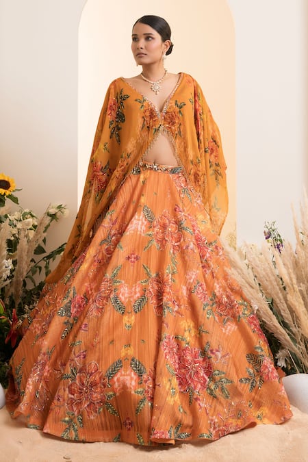 Presto Couture Yellow Satin, Organza Sequins, Crystals, Floral Print Lehenga With Cape Blouse Online at Aza Fashions Presto Couture_Yellow Satin, Organza Sequins, Crystals, Floral Print Lehenga With Cape Blouse _Online_at_Aza_Fashions