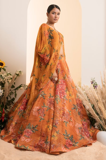 Buy Presto Couture Yellow Satin, Organza Sequins, Crystals, Floral Print Lehenga With Cape Blouse Online at Aza Fashions Buy_Presto Couture_Yellow Satin, Organza Sequins, Crystals, Floral Print Lehenga With Cape Blouse _Online_at_Aza_Fashions