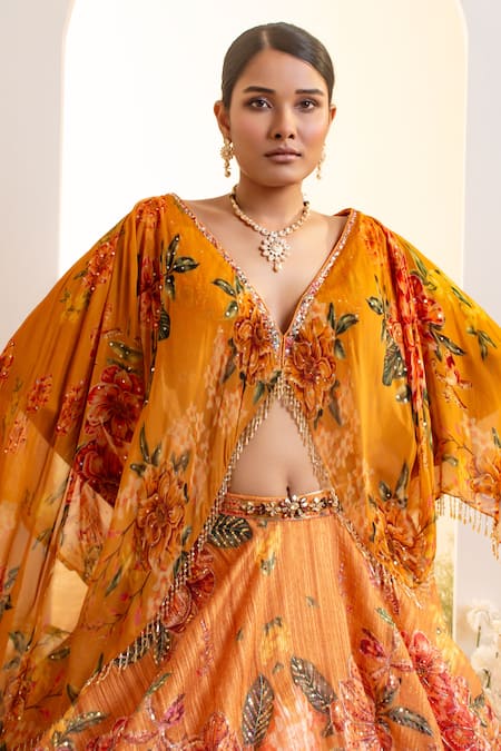 Shop Presto Couture Yellow Satin, Organza Sequins, Crystals, Floral Print Lehenga With Cape Blouse Online at Aza Fashions Shop_Presto Couture_Yellow Satin, Organza Sequins, Crystals, Floral Print Lehenga With Cape Blouse _Online_at_Aza_Fashions