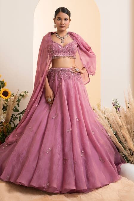 PRESTO COUTURE Pink Organza Embroidered Thread Leaf Floral Lehenga With Draped Blouse