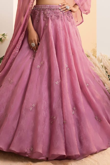 Presto Couture Pink Organza, Satin Floral Thread Embroidered Lehenga With Draped Blouse Online at Aza Fashions Presto Couture_Pink Organza, Satin Floral Thread Embroidered Lehenga With Draped Blouse _Online_at_Aza_Fashions