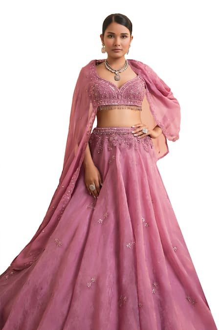 Buy Presto Couture Pink Organza, Satin Floral Thread Embroidered Lehenga With Draped Blouse Online at Aza Fashions Buy_Presto Couture_Pink Organza, Satin Floral Thread Embroidered Lehenga With Draped Blouse _Online_at_Aza_Fashions