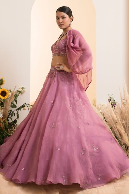Presto Couture Pink Organza, Satin Floral Thread Embroidered Lehenga With Draped Blouse at Aza Fashions Presto Couture_Pink Organza, Satin Floral Thread Embroidered Lehenga With Draped Blouse _at_Aza_Fashions