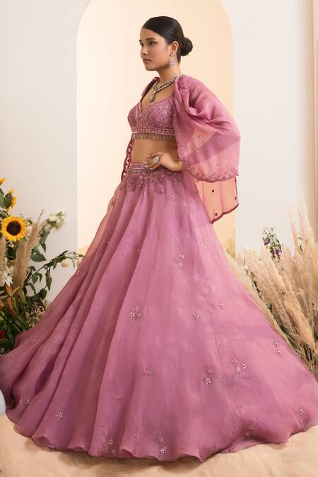 Buy Presto Couture Pink Organza, Satin Floral Thread Embroidered Lehenga With Draped Blouse Buy_Presto Couture_Pink Organza, Satin Floral Thread Embroidered Lehenga With Draped Blouse