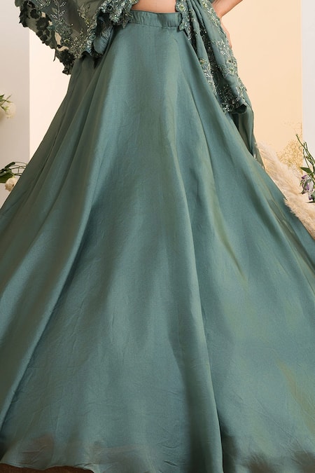 Presto Couture_Green Organza, Satin Sequins, Embroidery V-neck Solid Lehenga With Cape Blouse _Online_at_Aza_Fashions
