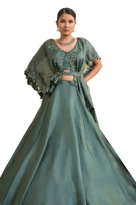 Buy_Presto Couture_Green Organza, Satin Sequins, Embroidery V-neck Solid Lehenga With Cape Blouse _Online_at_Aza_Fashions
