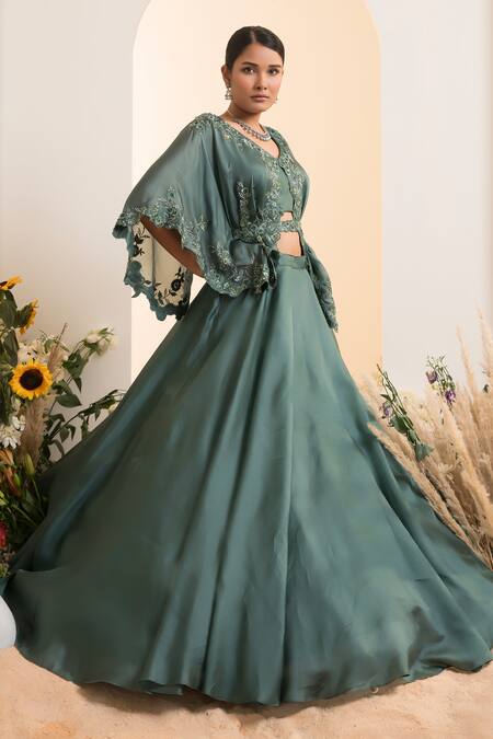 Shop_Presto Couture_Green Organza, Satin Sequins, Embroidery V-neck Solid Lehenga With Cape Blouse _Online_at_Aza_Fashions
