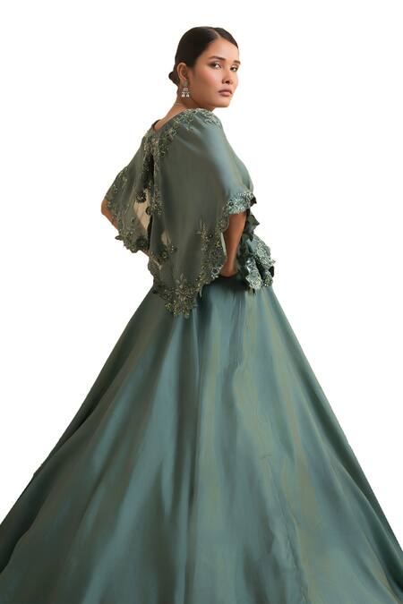 Presto Couture_Green Organza, Satin Sequins, Embroidery V-neck Solid Lehenga With Cape Blouse _at_Aza_Fashions