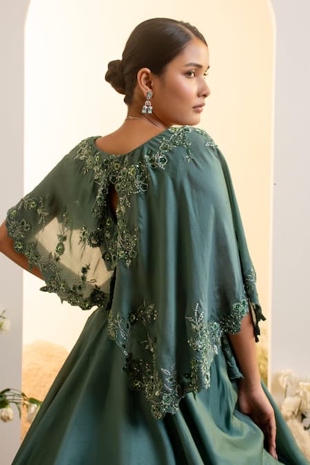 Shop_Presto Couture_Green Organza, Satin Sequins, Embroidery V-neck Solid Lehenga With Cape Blouse 