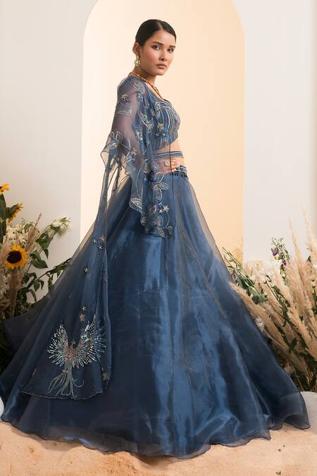 Presto Couture Blue Organza, Satin Sequins, Embroidery Open Neck Solid Lehenga Bird Cape Set Online at Aza Fashions Presto Couture_Blue Organza, Satin Sequins, Embroidery Open Neck Solid Lehenga Bird Cape Set _Online_at_Aza_Fashions