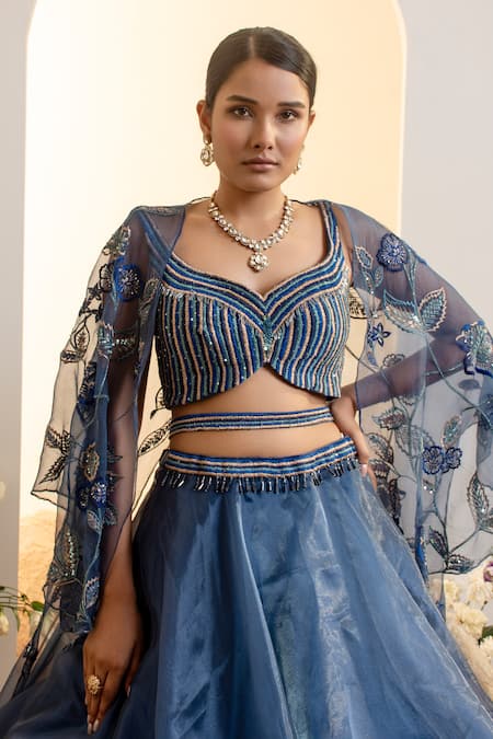 Buy Presto Couture Blue Organza, Satin Sequins, Embroidery Open Neck Solid Lehenga Bird Cape Set Online at Aza Fashions Buy_Presto Couture_Blue Organza, Satin Sequins, Embroidery Open Neck Solid Lehenga Bird Cape Set _Online_at_Aza_Fashions