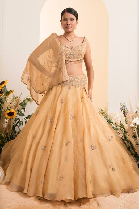 Presto Couture_Yellow Organza, Satin Beads, Dori Pre-draped Lehenga Saree With Blouse _Online_at_Aza_Fashions