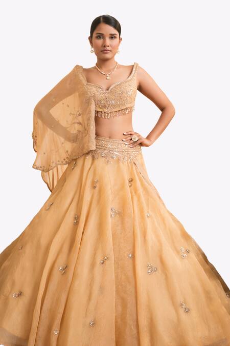 Buy_Presto Couture_Yellow Organza, Satin Beads, Dori Pre-draped Lehenga Saree With Blouse _Online_at_Aza_Fashions