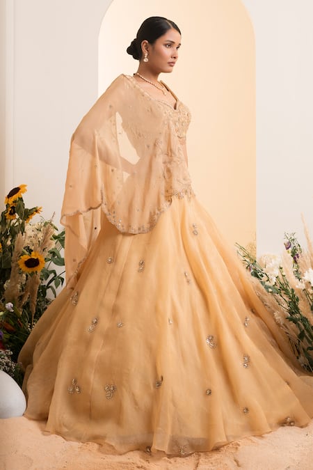 Shop_Presto Couture_Yellow Organza, Satin Beads, Dori Pre-draped Lehenga Saree With Blouse _Online_at_Aza_Fashions