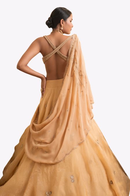 Presto Couture_Yellow Organza, Satin Beads, Dori Pre-draped Lehenga Saree With Blouse _at_Aza_Fashions