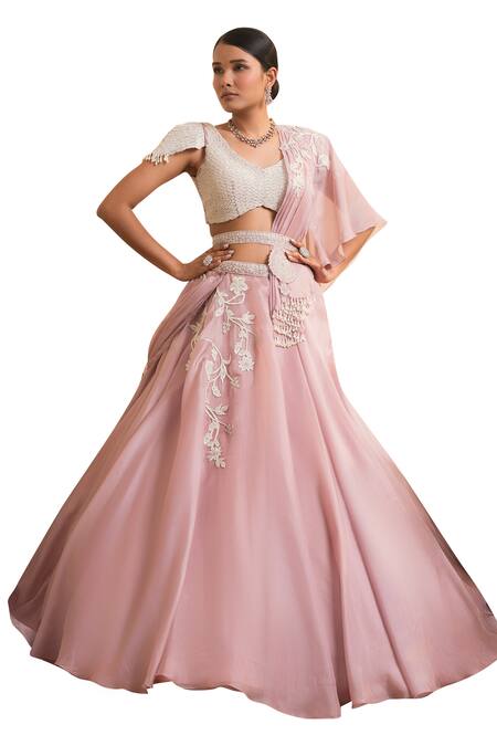 Presto Couture_Pink Organza, Satin Embroidery, Pearls V-neck Embellished Floral Lehenga Set _Online_at_Aza_Fashions