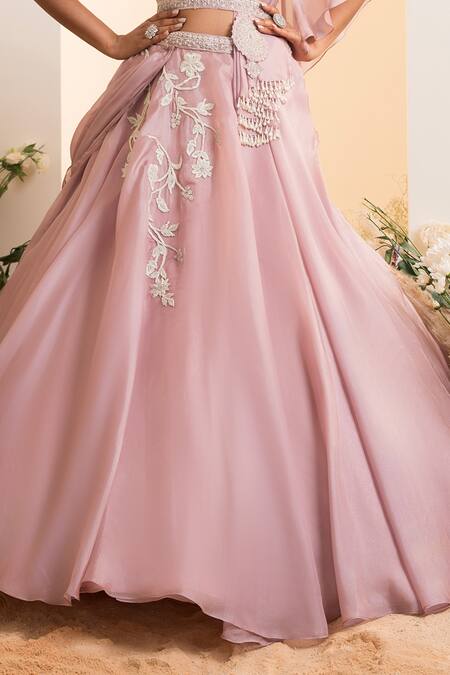 Buy_Presto Couture_Pink Organza, Satin Embroidery, Pearls V-neck Embellished Floral Lehenga Set _Online_at_Aza_Fashions