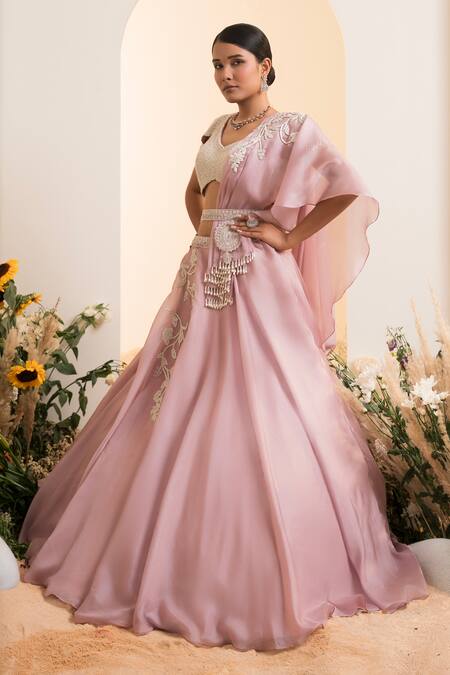 Shop_Presto Couture_Pink Organza, Satin Embroidery, Pearls V-neck Embellished Floral Lehenga Set _Online_at_Aza_Fashions