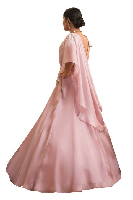 Presto Couture_Pink Organza, Satin Embroidery, Pearls V-neck Embellished Floral Lehenga Set _at_Aza_Fashions