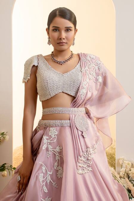 Buy_Presto Couture_Pink Organza, Satin Embroidery, Pearls V-neck Embellished Floral Lehenga Set 