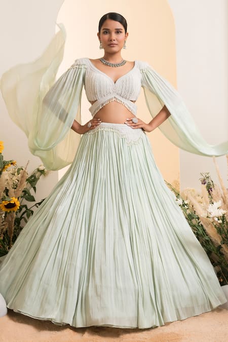 Buy Presto Couture Blue Chiffon, Satin Pearls, Embroidery Embellished Lehenga With Cut-out Blouse Online at Aza Fashions Buy_Presto Couture_Blue Chiffon, Satin Pearls, Embroidery Embellished Lehenga With Cut-out Blouse _Online_at_Aza_Fashions