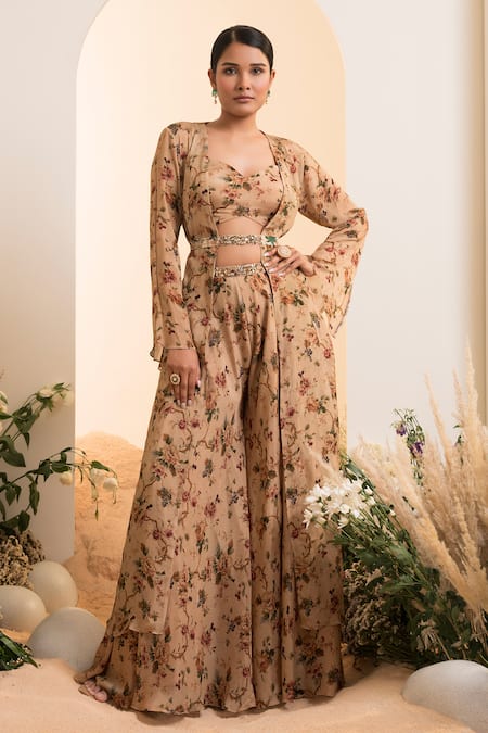 Buy Presto Couture Beige Chiffon Sequins Sweetheart Neck Floral Print Cape Sharara Set Online at Aza Fashions Buy_Presto Couture_Beige Chiffon Sequins Sweetheart Neck Floral Print Cape Sharara Set _Online_at_Aza_Fashions