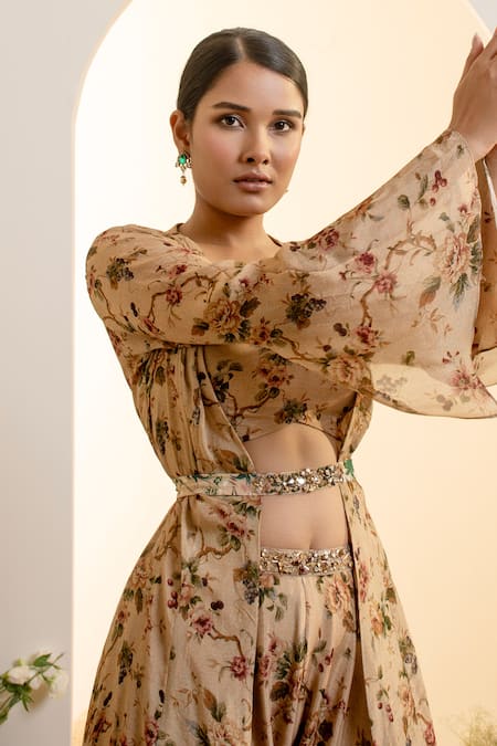 Shop Presto Couture Beige Chiffon Sequins Sweetheart Neck Floral Print Cape Sharara Set Online at Aza Fashions Shop_Presto Couture_Beige Chiffon Sequins Sweetheart Neck Floral Print Cape Sharara Set _Online_at_Aza_Fashions
