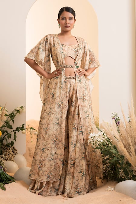Presto Couture_Ivory Chiffon Beads, Embroidery Sweetheart Neck Blossom Print Cape Sharara Set _Online_at_Aza_Fashions