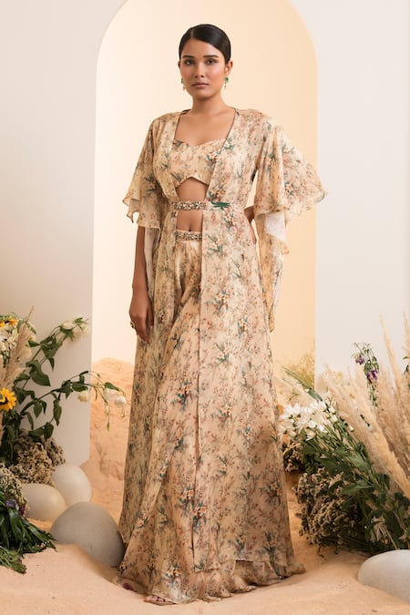 Buy_Presto Couture_Ivory Chiffon Beads, Embroidery Sweetheart Neck Blossom Print Cape Sharara Set _Online_at_Aza_Fashions
