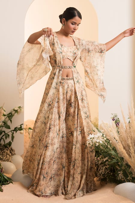 Shop_Presto Couture_Ivory Chiffon Beads, Embroidery Sweetheart Neck Blossom Print Cape Sharara Set _Online_at_Aza_Fashions