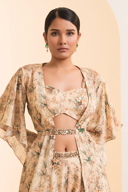 Presto Couture_Ivory Chiffon Beads, Embroidery Sweetheart Neck Blossom Print Cape Sharara Set _at_Aza_Fashions
