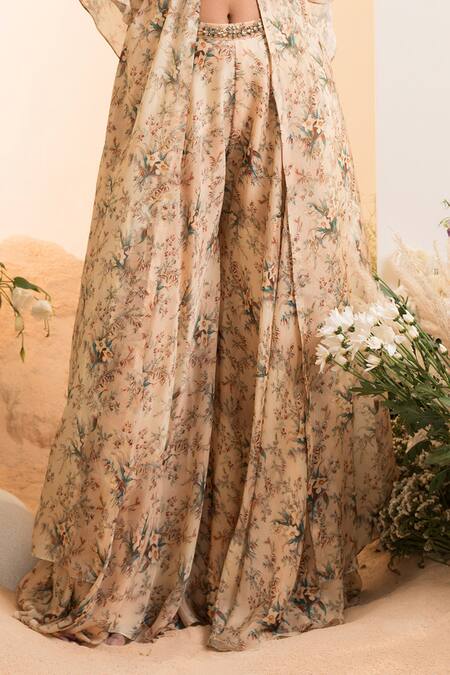 Buy_Presto Couture_Ivory Chiffon Beads, Embroidery Sweetheart Neck Blossom Print Cape Sharara Set 