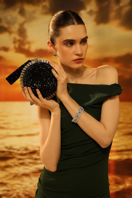 FOREVER NOOR Black Crystal Studs Solar Embellished Ball-shaped Bag