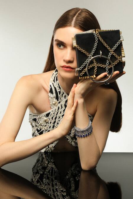 Forever Noor_Black Rivets Celeste Embellished Clutch Bag _Online_at_Aza_Fashions
