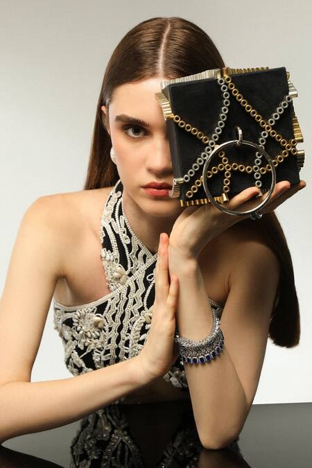 Buy_Forever Noor_Black Rivets Celeste Embellished Clutch Bag _Online_at_Aza_Fashions