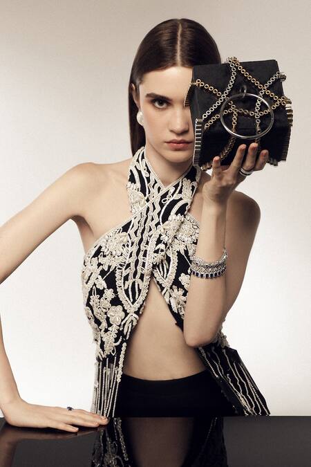 Shop_Forever Noor_Black Rivets Celeste Embellished Clutch Bag _Online_at_Aza_Fashions