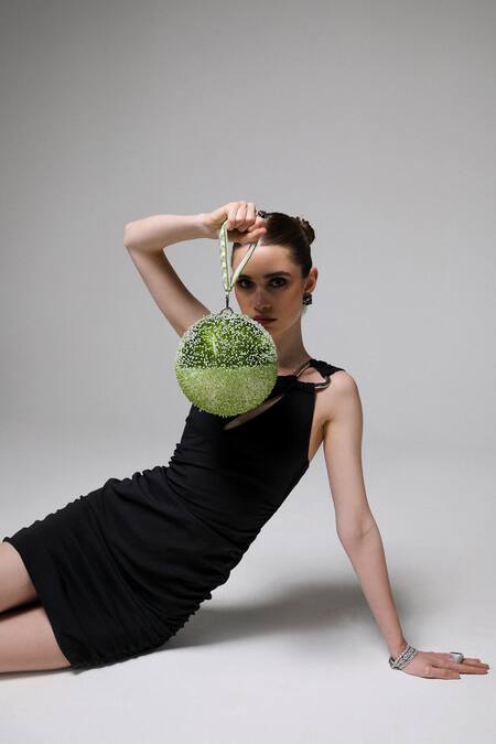 Shop Forever Noor Green Pipe Cosmo Embellished Potli Bag at Aza Fashions Shop_Forever Noor_Green Pipe Cosmo Embellished Potli Bag_at_Aza_Fashions