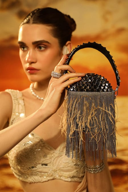 Shop_Forever Noor_Black Ball Chain Eclipse Embellished Bucket Bag _at_Aza_Fashions
