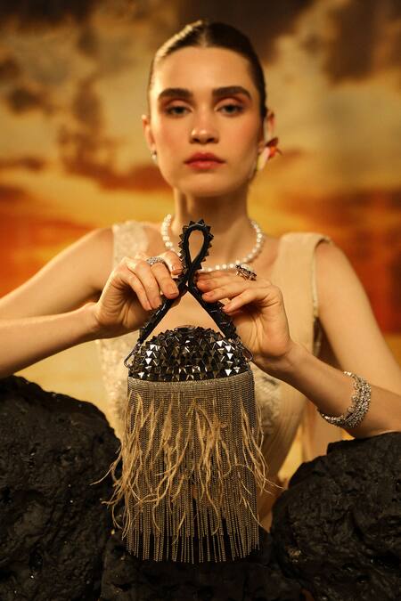 Buy_Forever Noor_Black Ball Chain Eclipse Embellished Bucket Bag _Online_at_Aza_Fashions