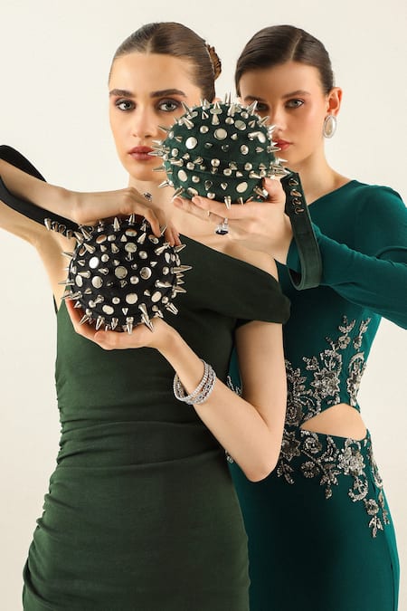 Forever Noor_Black Rivets Galaxy Embellished Ball-shaped Bag _Online_at_Aza_Fashions