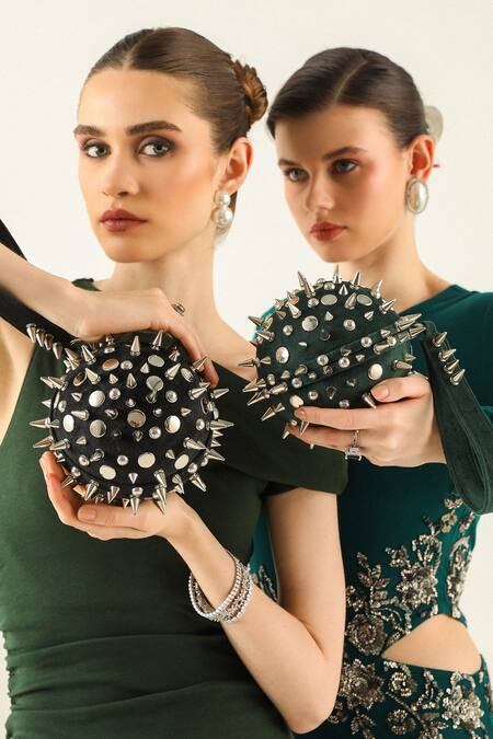 Buy_Forever Noor_Black Rivets Galaxy Embellished Ball-shaped Bag _Online_at_Aza_Fashions