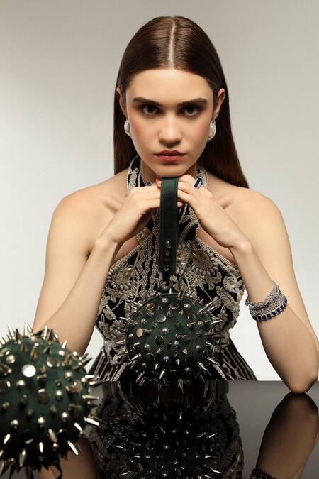 Shop Forever Noor Green Rivets Galaxy Embellished Ball-shaped Bag at Aza Fashions Shop_Forever Noor_Green Rivets Galaxy Embellished Ball-shaped Bag _at_Aza_Fashions