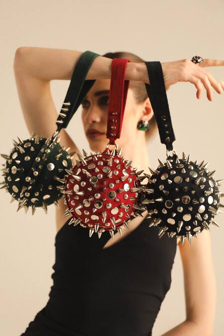 Forever Noor_Red Rivets Galaxy Embellished Ball-shaped Bag _Online_at_Aza_Fashions