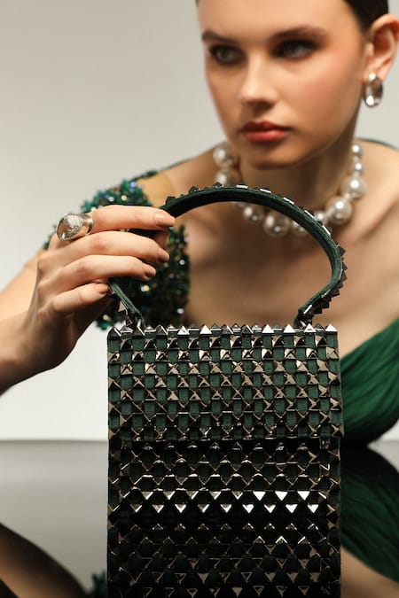 Shop Forever Noor Green Rivets Moonlight Embellished Clutch Bag at Aza Fashions Shop_Forever Noor_Green Rivets Moonlight Embellished Clutch Bag _at_Aza_Fashions