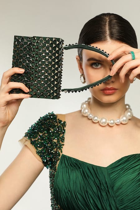 Forever Noor Green Rivets Moonlight Embellished Clutch Bag Online at Aza Fashions Forever Noor_Green Rivets Moonlight Embellished Clutch Bag _Online_at_Aza_Fashions
