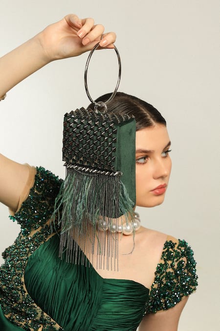 Shop Forever Noor Green Ball Chain Stardust Embellished Rectangular-shaped Bag at Aza Fashions Shop_Forever Noor_Green Ball Chain Stardust Embellished Rectangular-shaped Bag _at_Aza_Fashions