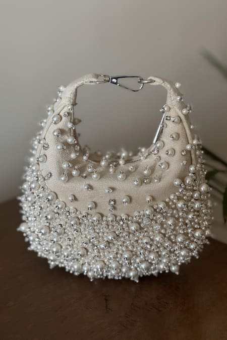 Shop_Bhavna Kumar_Beige Pearl Hand Embroidery Crescent Bag _at_Aza_Fashions
