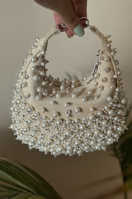 Bhavna Kumar_Beige Pearl Hand Embroidery Crescent Bag _Online_at_Aza_Fashions